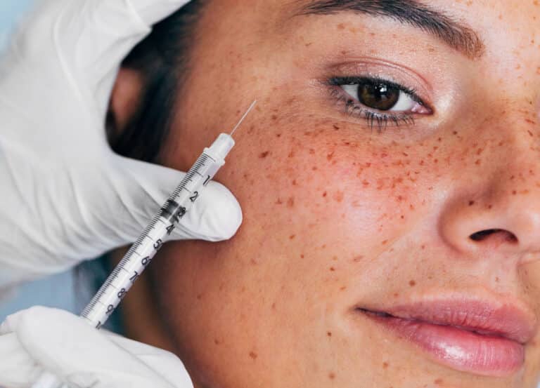Close up of woman's face with freckles receiving cosmetic injections
